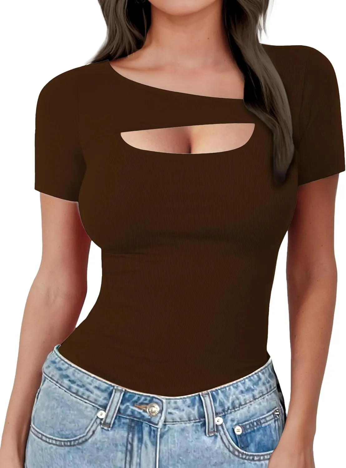 Buauty Womens Cutout Tshirts One Piece Summer Tops Ribbed Slim tees Short Sleeve Fitted Shirt Sexy Fashion Basic Clothes 2025