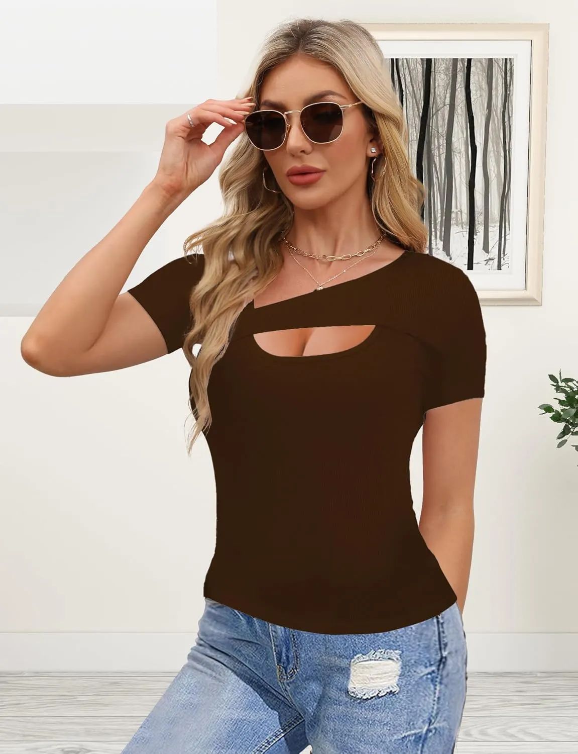 Buauty Womens Cutout Tshirts One Piece Summer Tops Ribbed Slim tees Short Sleeve Fitted Shirt Sexy Fashion Basic Clothes 2025