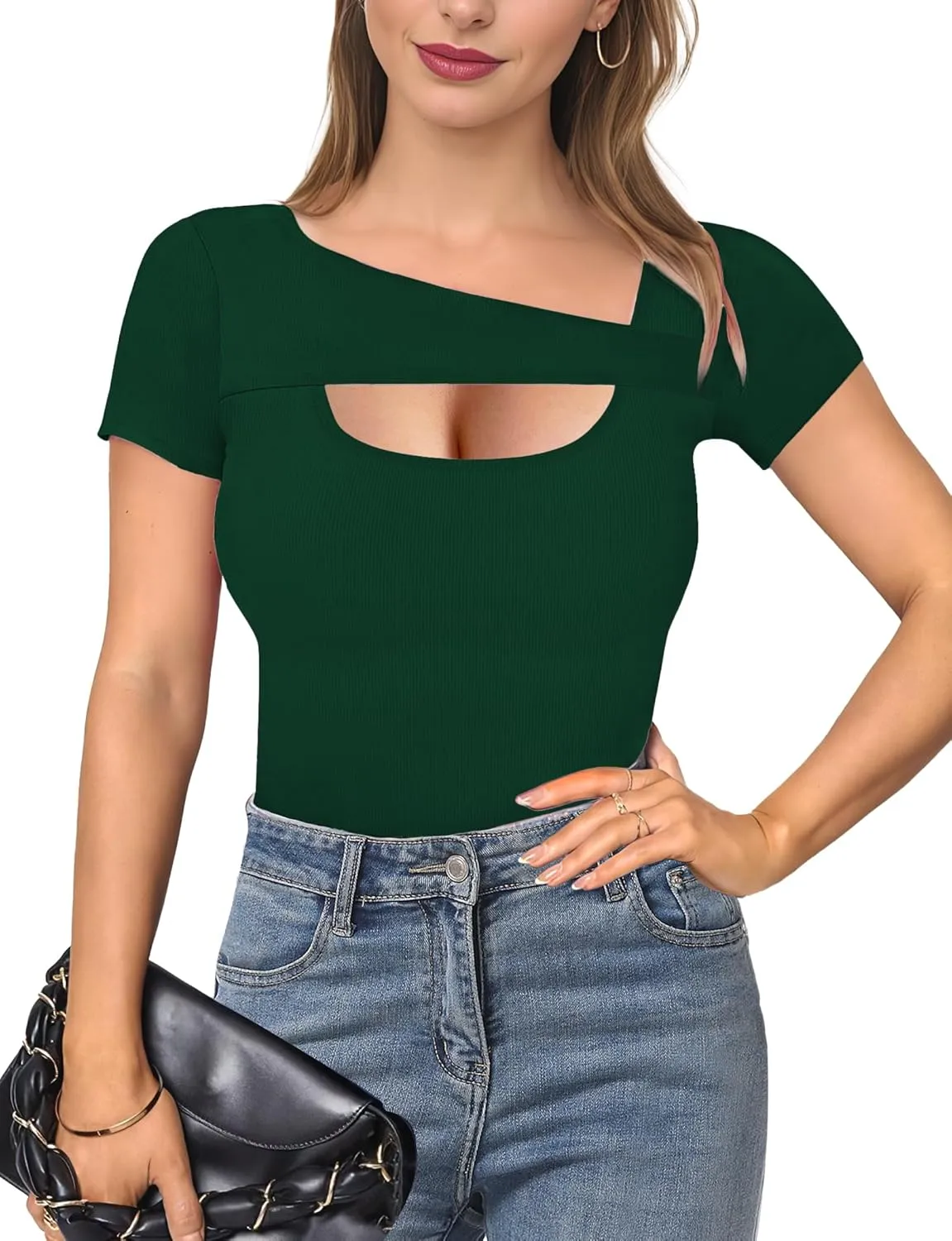 Buauty Womens Cutout Tshirts One Piece Summer Tops Ribbed Slim tees Short Sleeve Fitted Shirt Sexy Fashion Basic Clothes 2025