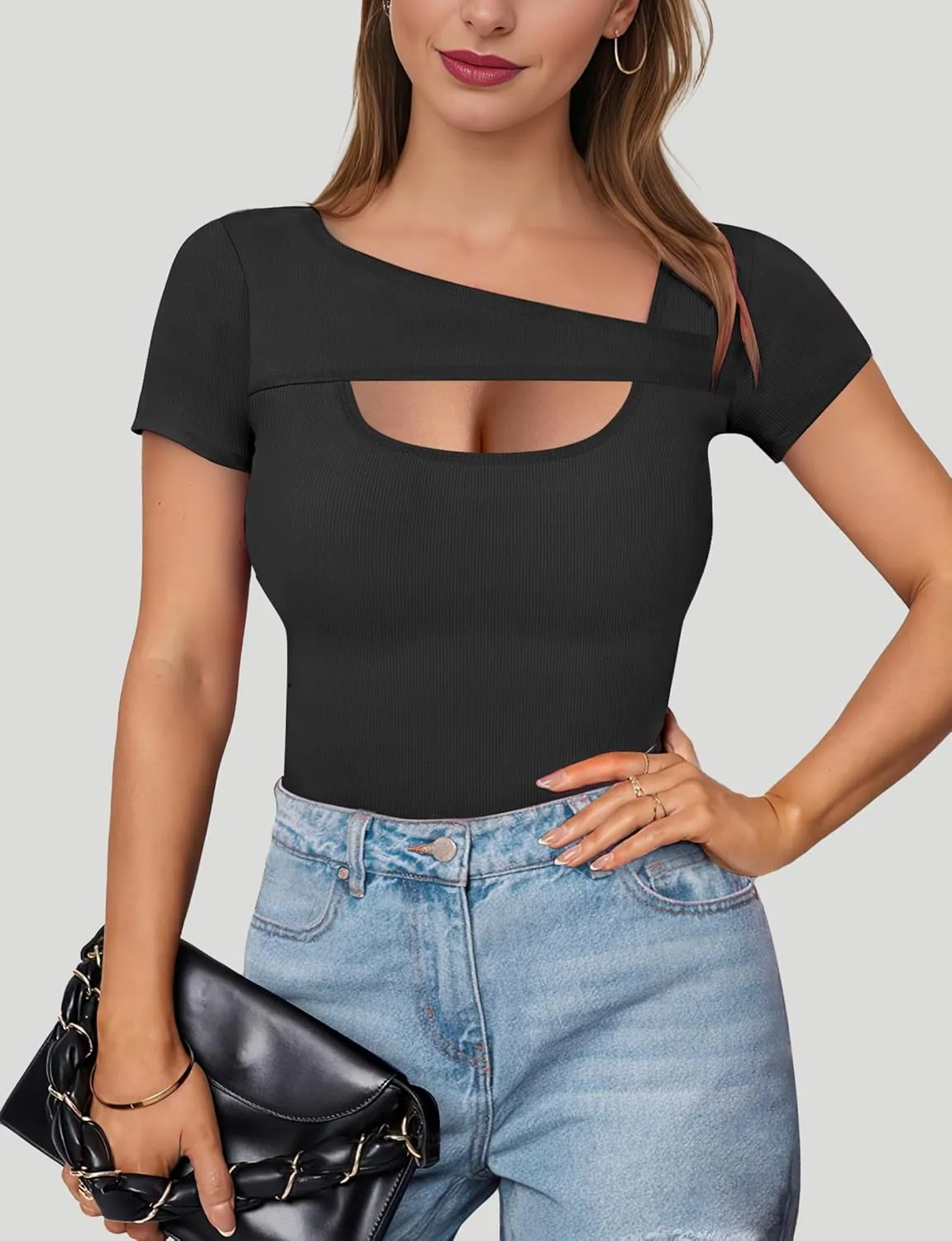 Buauty Womens Cutout Tshirts One Piece Summer Tops Ribbed Slim tees Short Sleeve Fitted Shirt Sexy Fashion Basic Clothes 2025