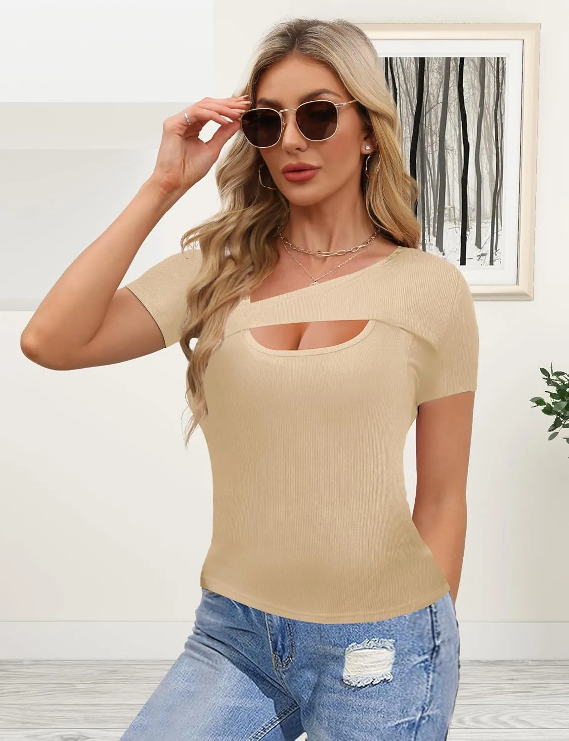 Buauty Womens Cutout Tshirts One Piece Summer Tops Ribbed Slim tees Short Sleeve Fitted Shirt Sexy Fashion Basic Clothes 2025