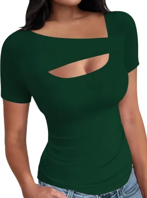 Buauty Womens Cutout Tshirts One Piece Summer Tops Ribbed Slim tees Short Sleeve Fitted Shirt Sexy Fashion Basic Clothes 2025