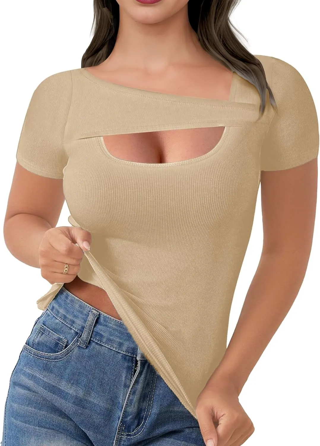 Buauty Womens Cutout Tshirts One Piece Summer Tops Ribbed Slim tees Short Sleeve Fitted Shirt Sexy Fashion Basic Clothes 2025