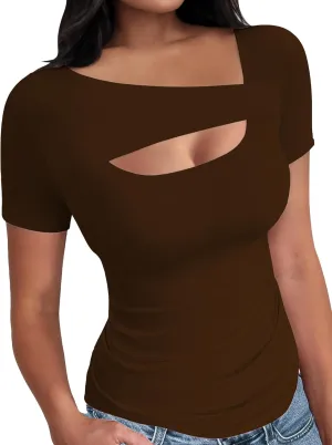 Buauty Womens Cutout Tshirts One Piece Summer Tops Ribbed Slim tees Short Sleeve Fitted Shirt Sexy Fashion Basic Clothes 2025