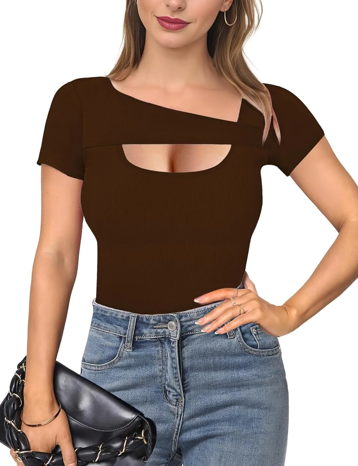 Buauty Womens Cutout Tshirts One Piece Summer Tops Ribbed Slim tees Short Sleeve Fitted Shirt Sexy Fashion Basic Clothes 2025