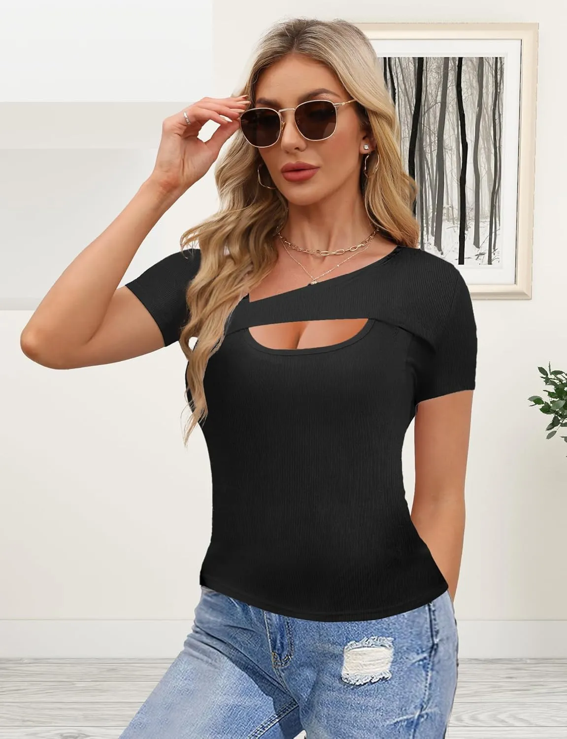 Buauty Womens Cutout Tshirts One Piece Summer Tops Ribbed Slim tees Short Sleeve Fitted Shirt Sexy Fashion Basic Clothes 2025