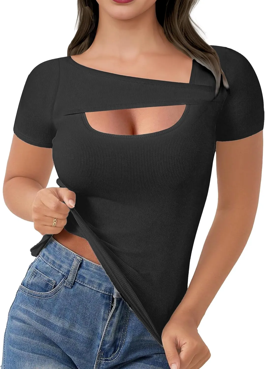 Buauty Womens Cutout Tshirts One Piece Summer Tops Ribbed Slim tees Short Sleeve Fitted Shirt Sexy Fashion Basic Clothes 2025