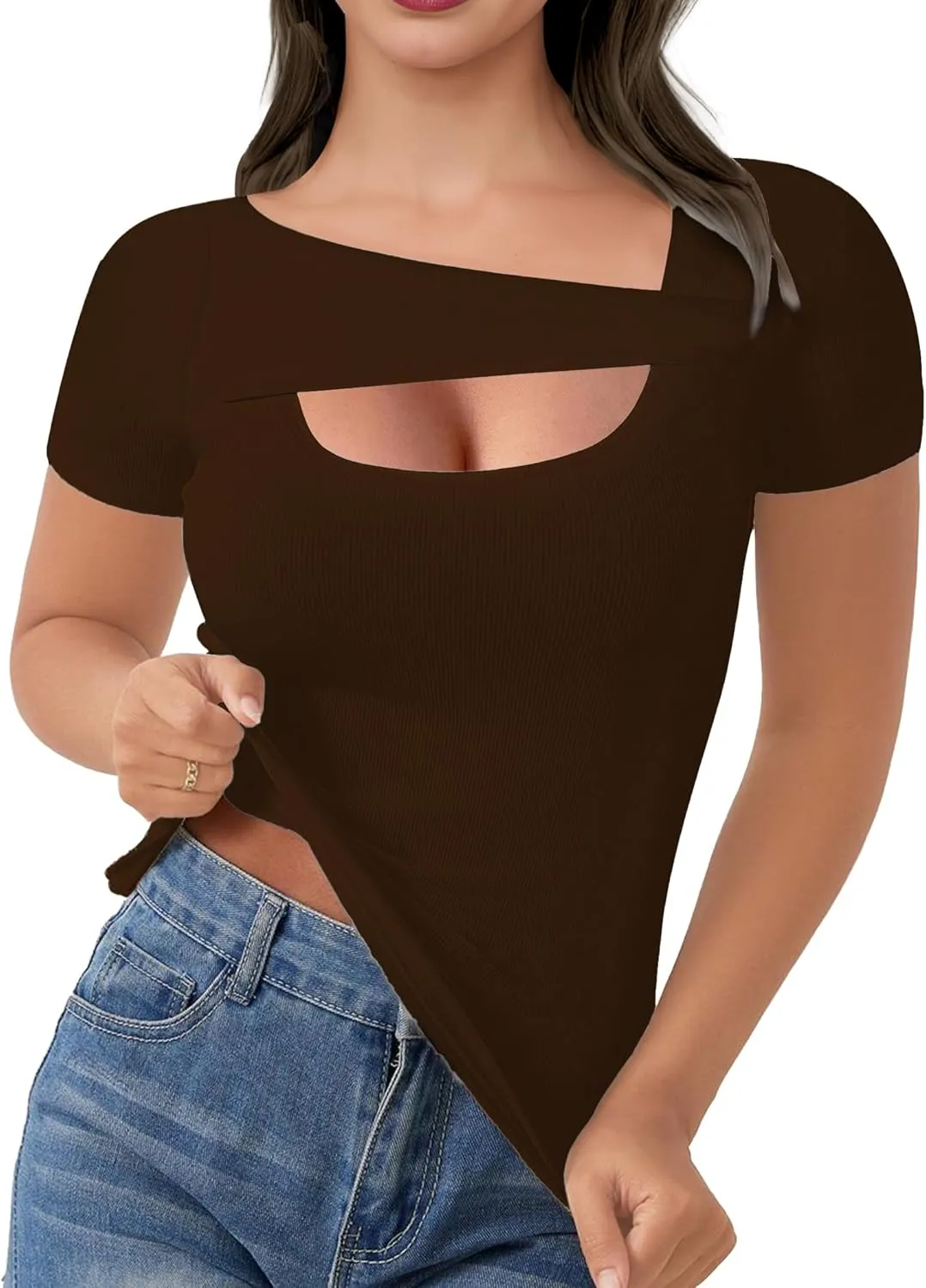 Buauty Womens Cutout Tshirts One Piece Summer Tops Ribbed Slim tees Short Sleeve Fitted Shirt Sexy Fashion Basic Clothes 2025