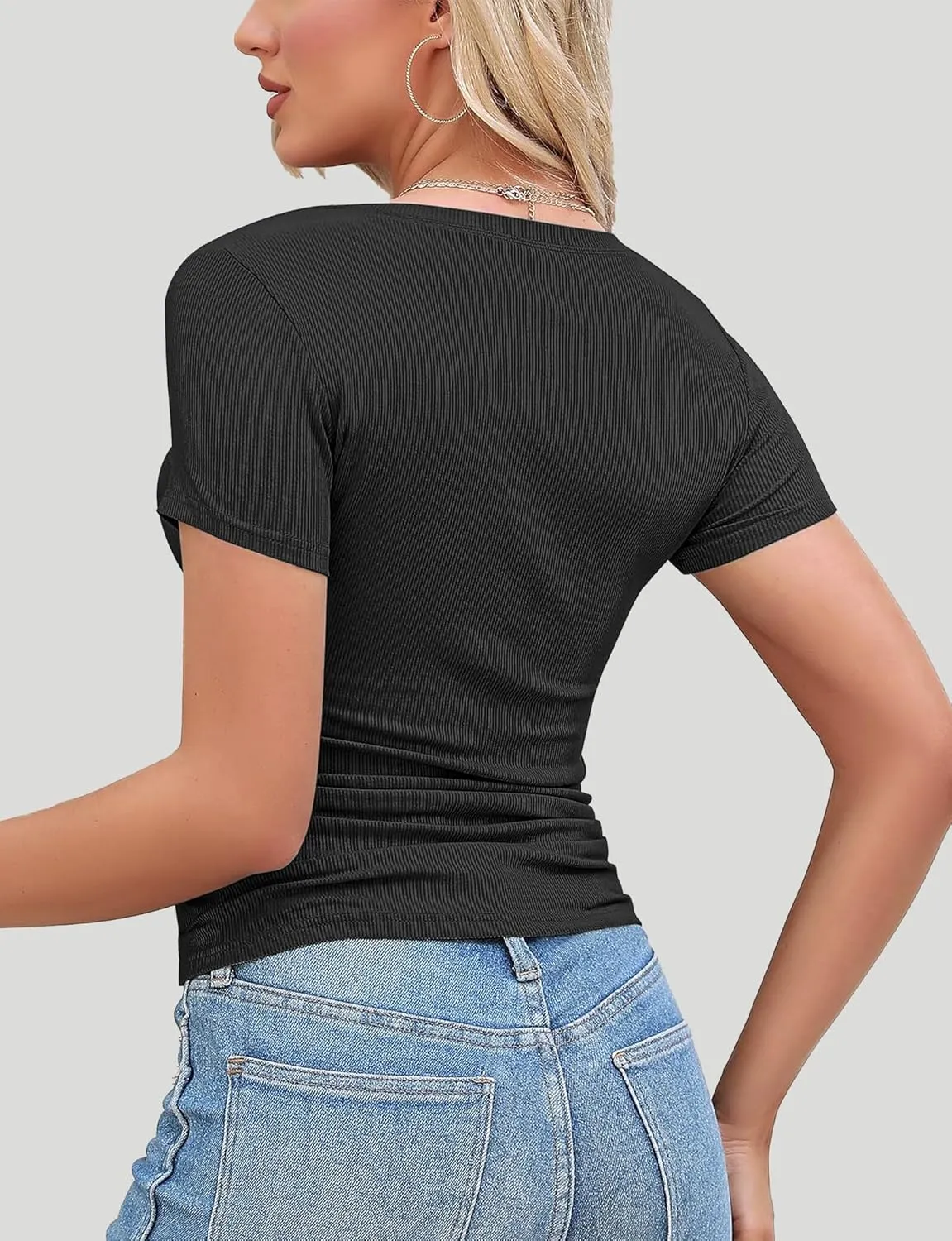 Buauty Womens Cutout Tshirts One Piece Summer Tops Ribbed Slim tees Short Sleeve Fitted Shirt Sexy Fashion Basic Clothes 2025