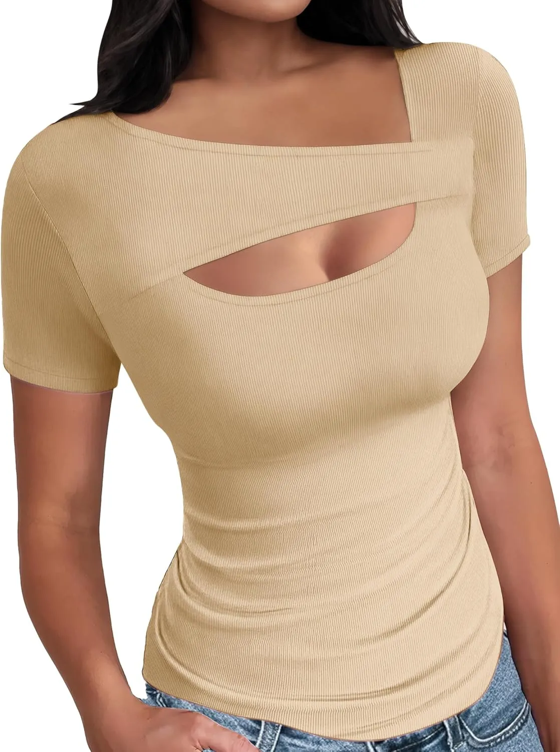 Buauty Womens Cutout Tshirts One Piece Summer Tops Ribbed Slim tees Short Sleeve Fitted Shirt Sexy Fashion Basic Clothes 2025