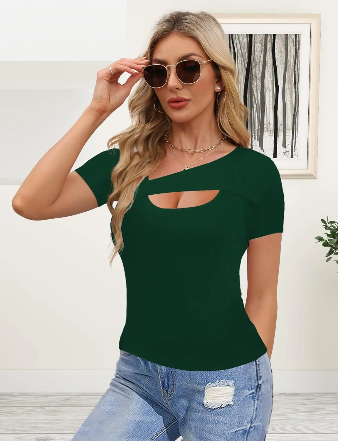 Buauty Womens Cutout Tshirts One Piece Summer Tops Ribbed Slim tees Short Sleeve Fitted Shirt Sexy Fashion Basic Clothes 2025