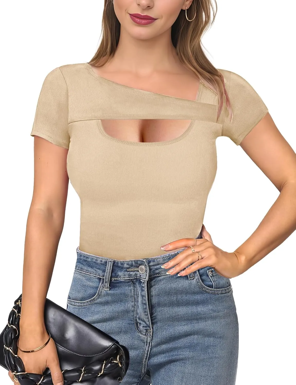 Buauty Womens Cutout Tshirts One Piece Summer Tops Ribbed Slim tees Short Sleeve Fitted Shirt Sexy Fashion Basic Clothes 2025