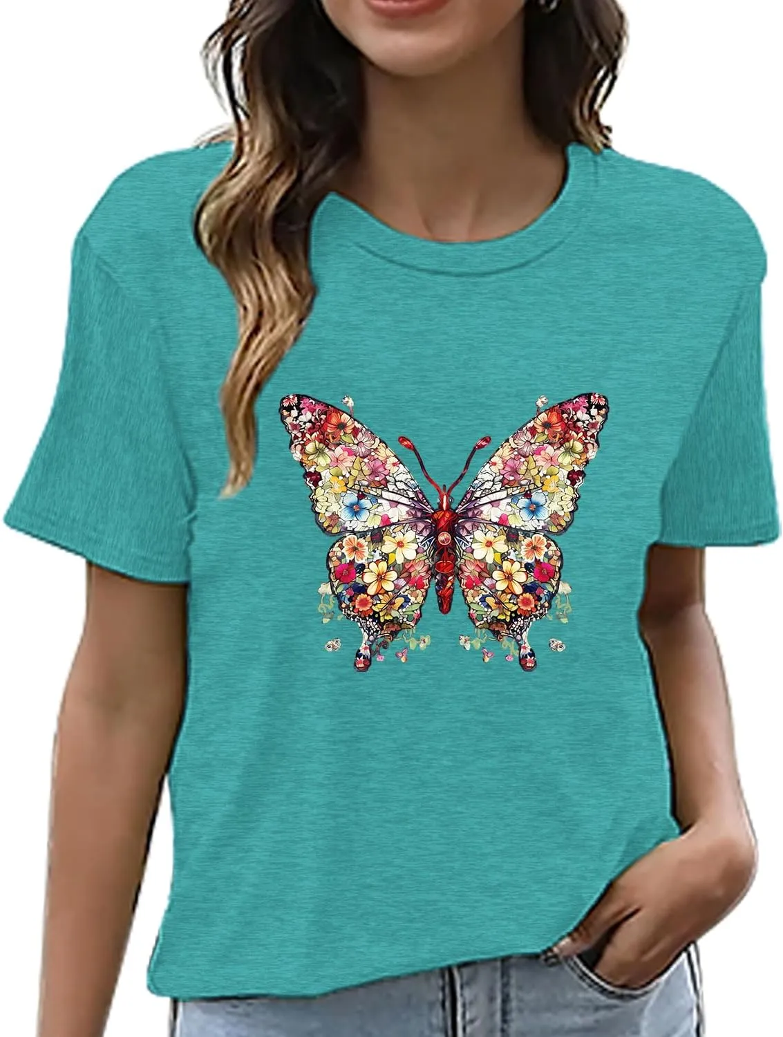 Butterfly T-Shirts for Women Butterflys Flowers Print Shirts Insect Lover Casual Short Sleeved Tops