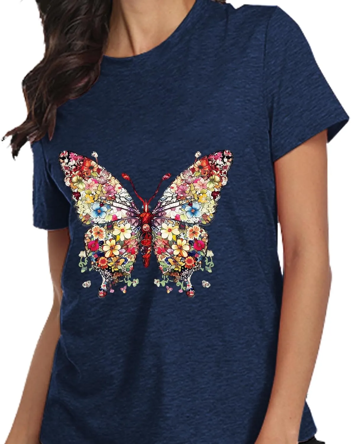 Butterfly T-Shirts for Women Butterflys Flowers Print Shirts Insect Lover Casual Short Sleeved Tops
