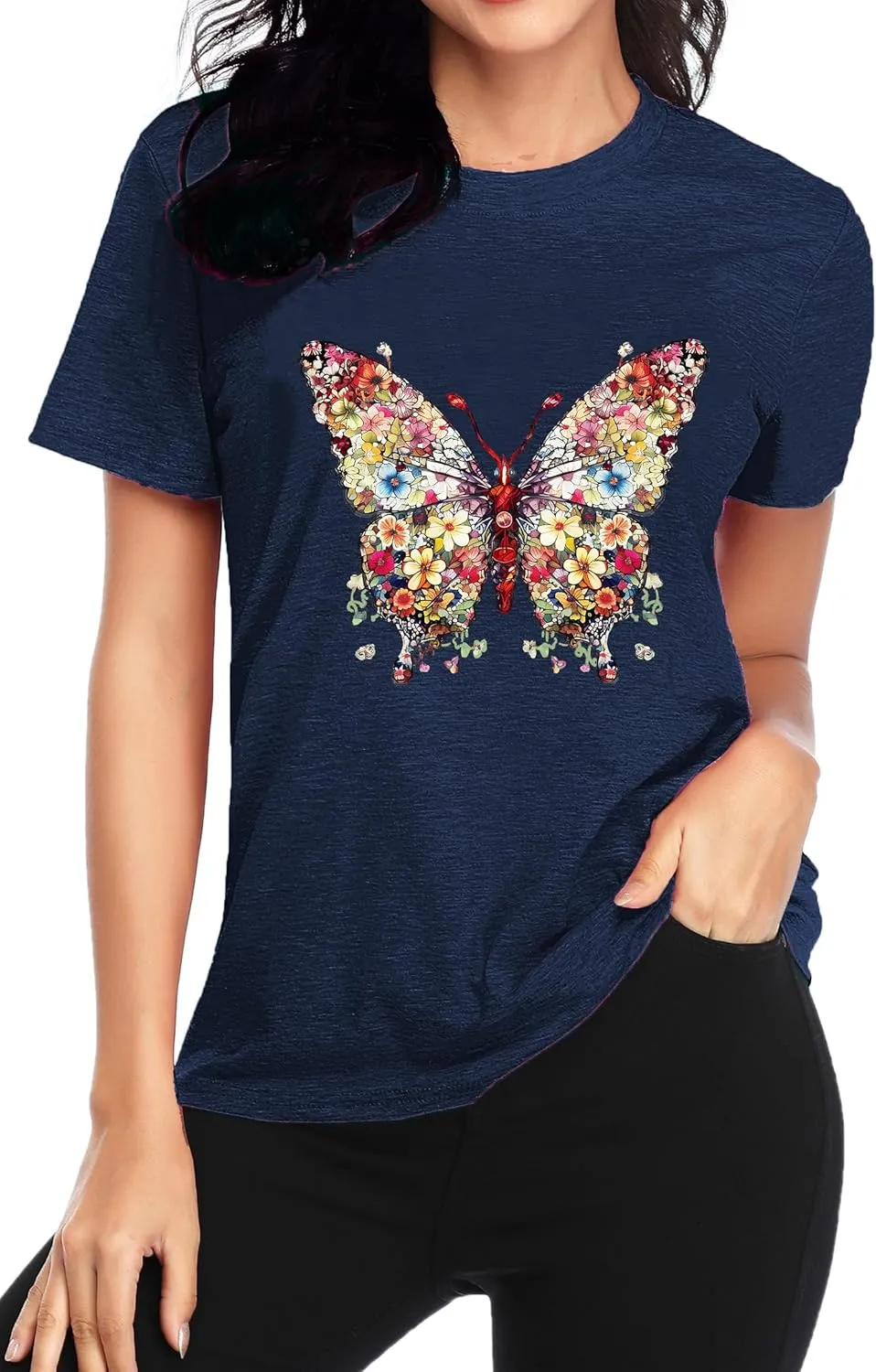 Butterfly T-Shirts for Women Butterflys Flowers Print Shirts Insect Lover Casual Short Sleeved Tops