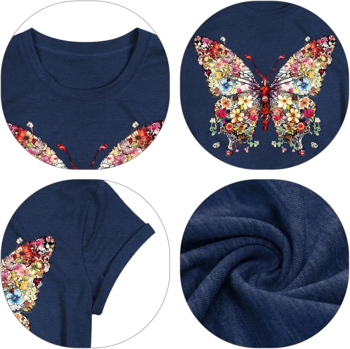 Butterfly T-Shirts for Women Butterflys Flowers Print Shirts Insect Lover Casual Short Sleeved Tops