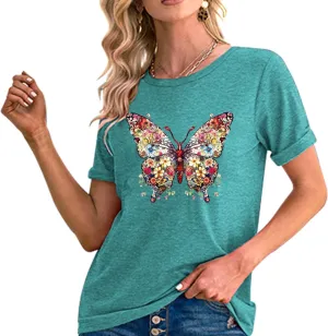 Butterfly T-Shirts for Women Butterflys Flowers Print Shirts Insect Lover Casual Short Sleeved Tops
