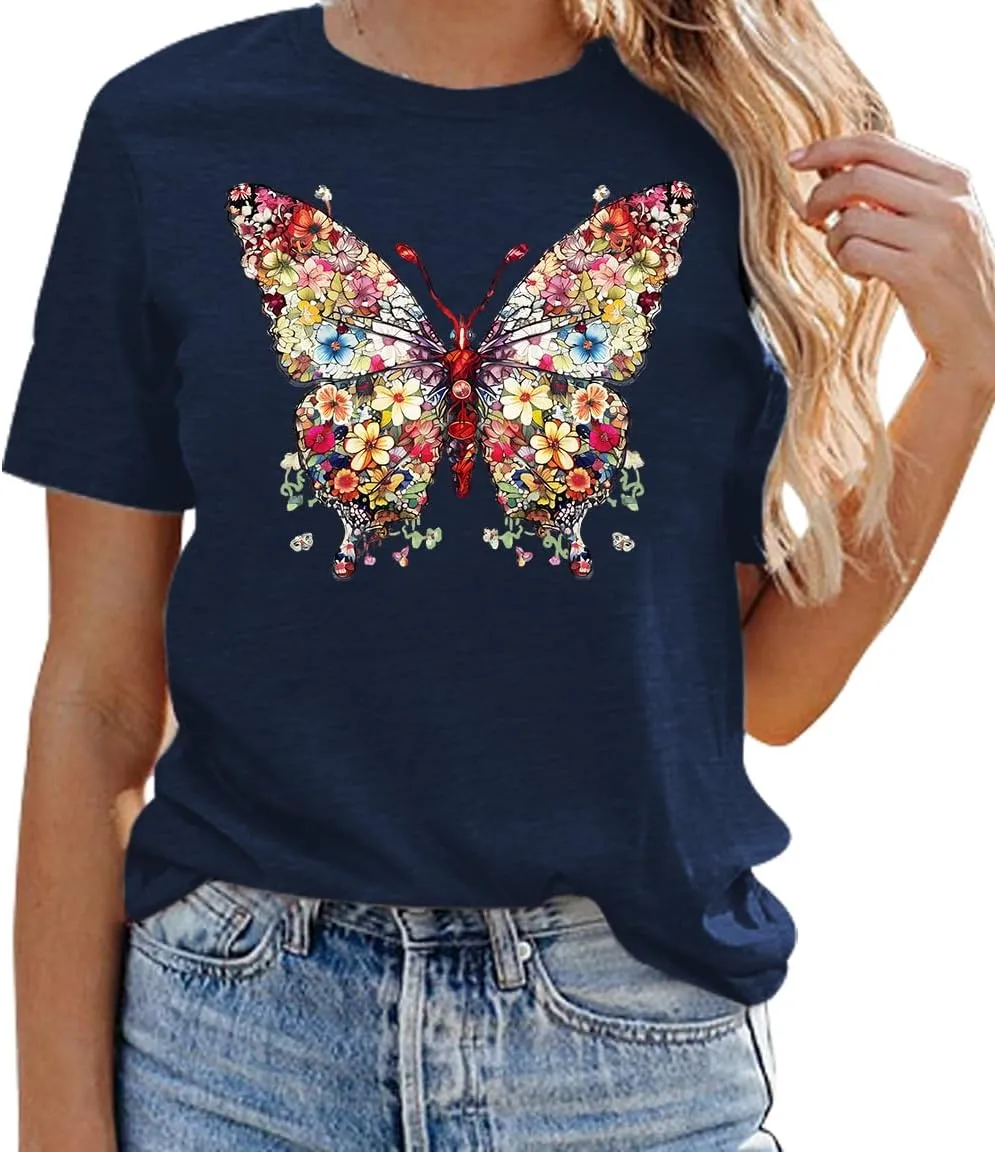 Butterfly T-Shirts for Women Butterflys Flowers Print Shirts Insect Lover Casual Short Sleeved Tops