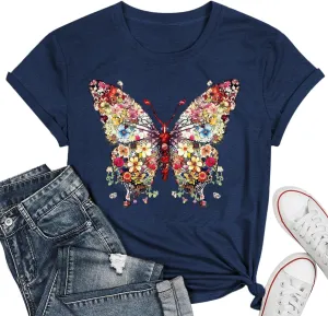 Butterfly T-Shirts for Women Butterflys Flowers Print Shirts Insect Lover Casual Short Sleeved Tops