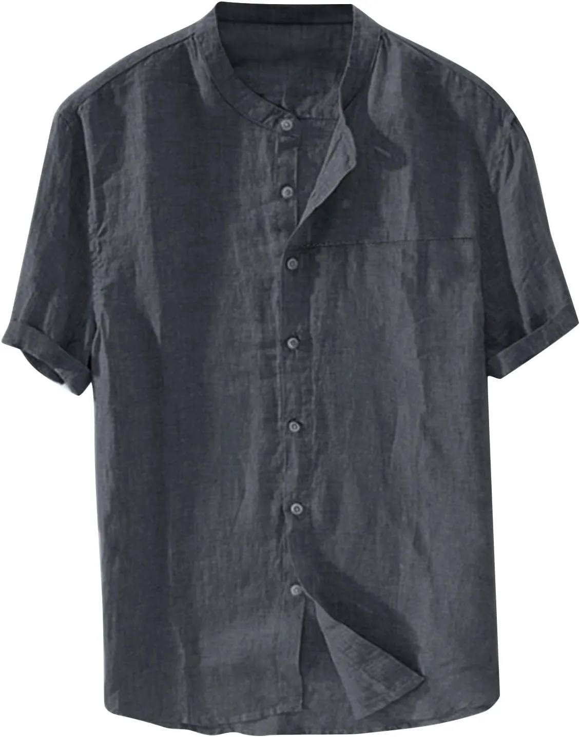 Button Down Shirts for Men Short Sleeve Linen T-Shirts Round Neck Casual Solid Blouse Loose Fit Summer Basic Tops
