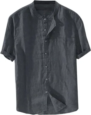 Button Down Shirts for Men Short Sleeve Linen T-Shirts Round Neck Casual Solid Blouse Loose Fit Summer Basic Tops