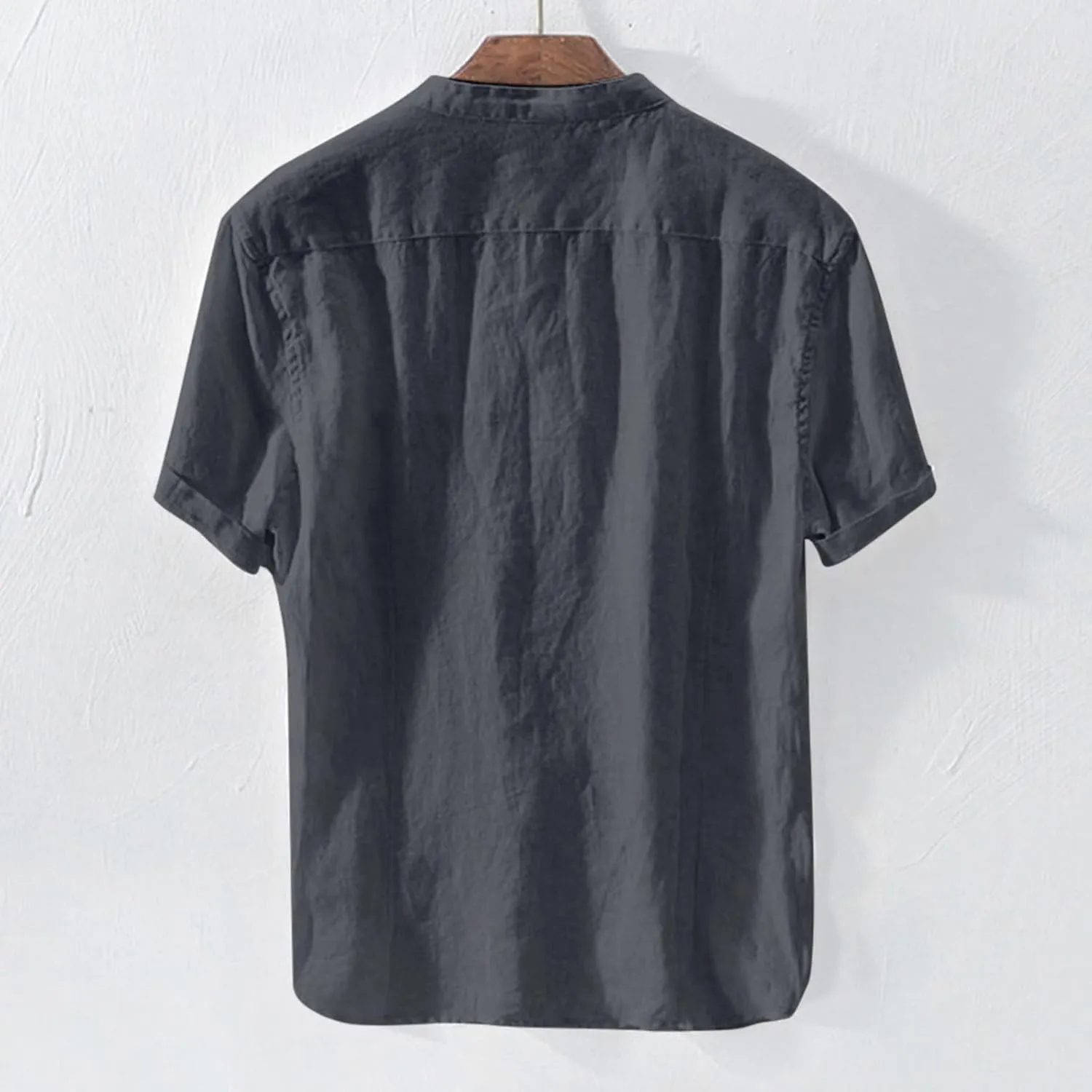 Button Down Shirts for Men Short Sleeve Linen T-Shirts Round Neck Casual Solid Blouse Loose Fit Summer Basic Tops