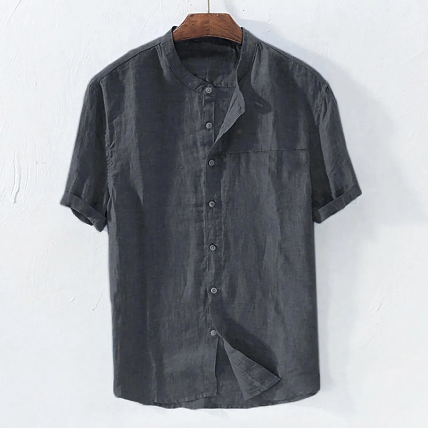 Button Down Shirts for Men Short Sleeve Linen T-Shirts Round Neck Casual Solid Blouse Loose Fit Summer Basic Tops