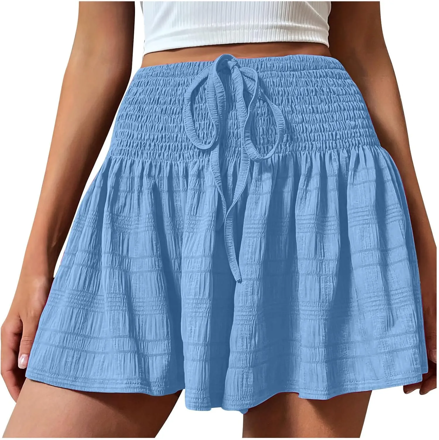 Canbebig Flowy Shorts for Women Smocked High Waisted Drawstring Shorts Dressy Ruffle Hem Flared Shorts Workout Pants Trendy