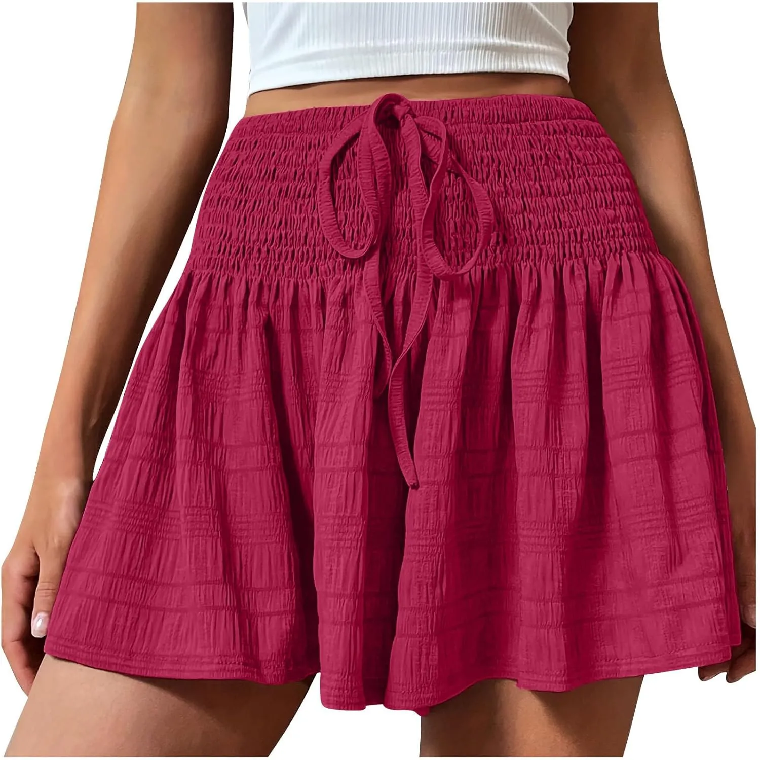 Canbebig Flowy Shorts for Women Smocked High Waisted Drawstring Shorts Dressy Ruffle Hem Flared Shorts Workout Pants Trendy