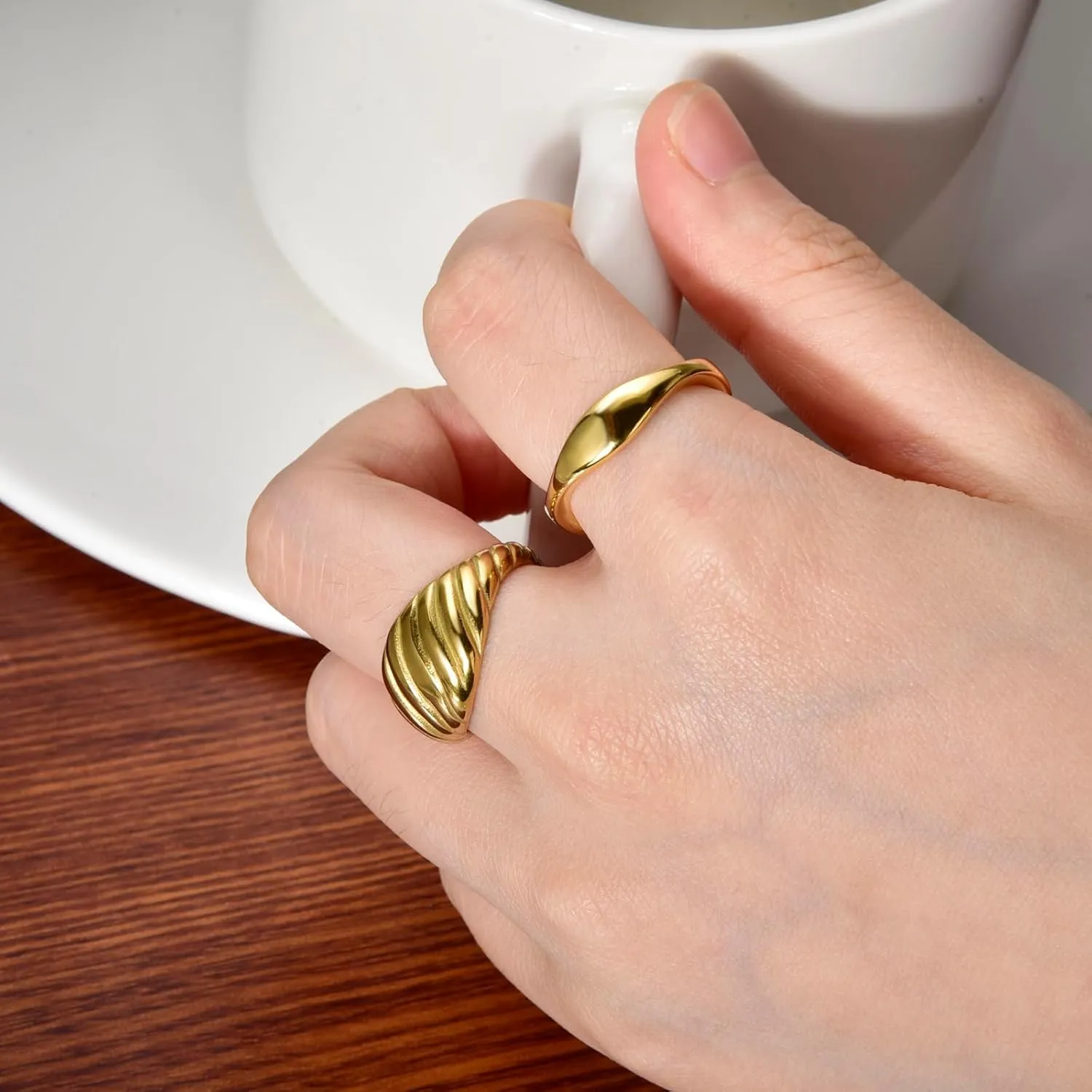 CANDYFANCY Gold statement Rings for Women Chunky Band Puffy Dome Croissant Thumb Band Twisted Stacking Ring Fashion Minimalist Thick Thumb Index Finger Ring
