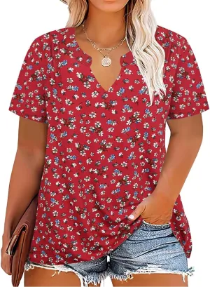 CARCOS Plus Size Tops for Women Summer Short Sleeve V Neck T Shirts Pleated Casual Business Tunic Blouses XL-5XL