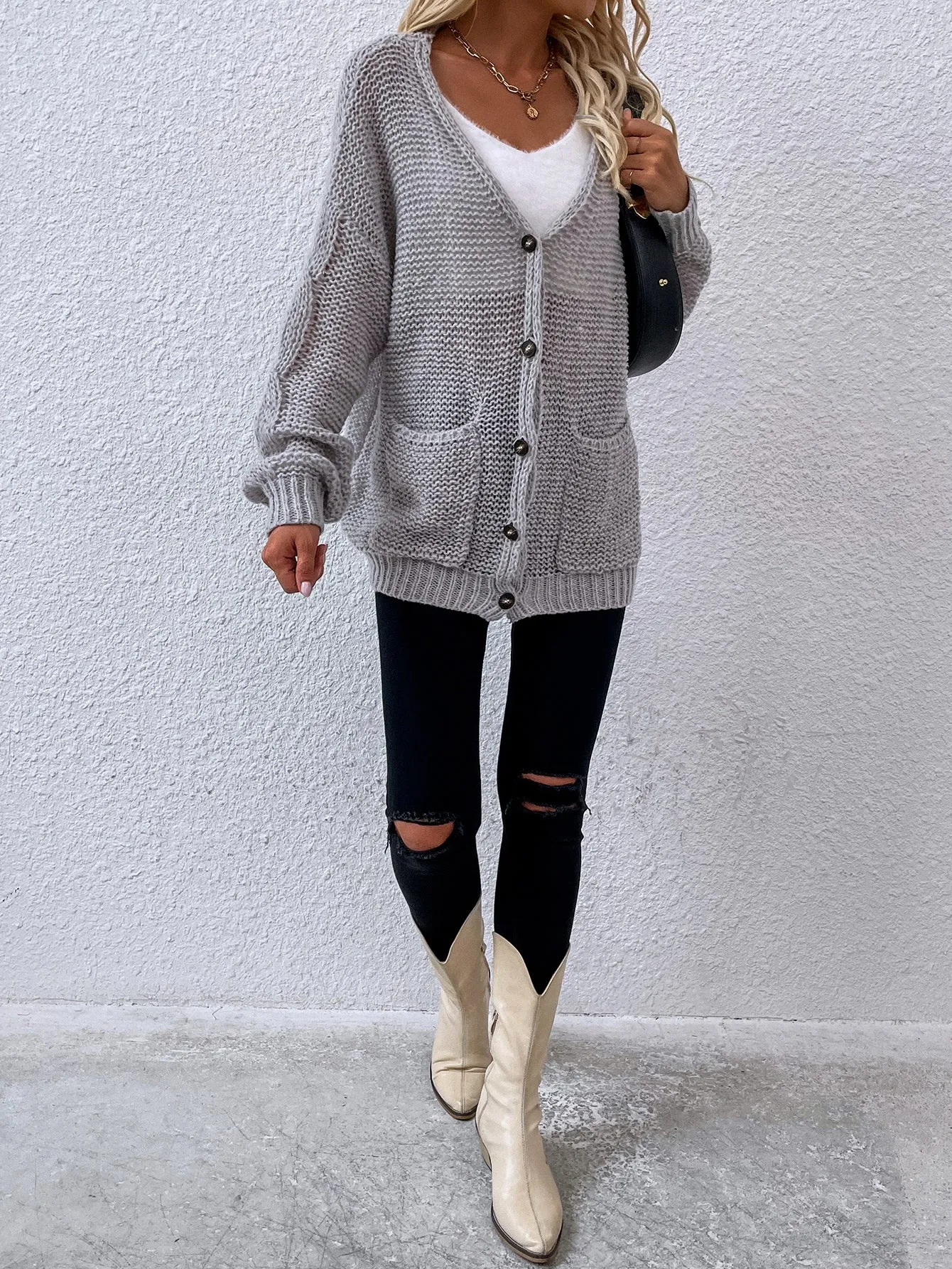 Casual Plaid Pocket Long Sleeve V Neck Short Women Cardigan