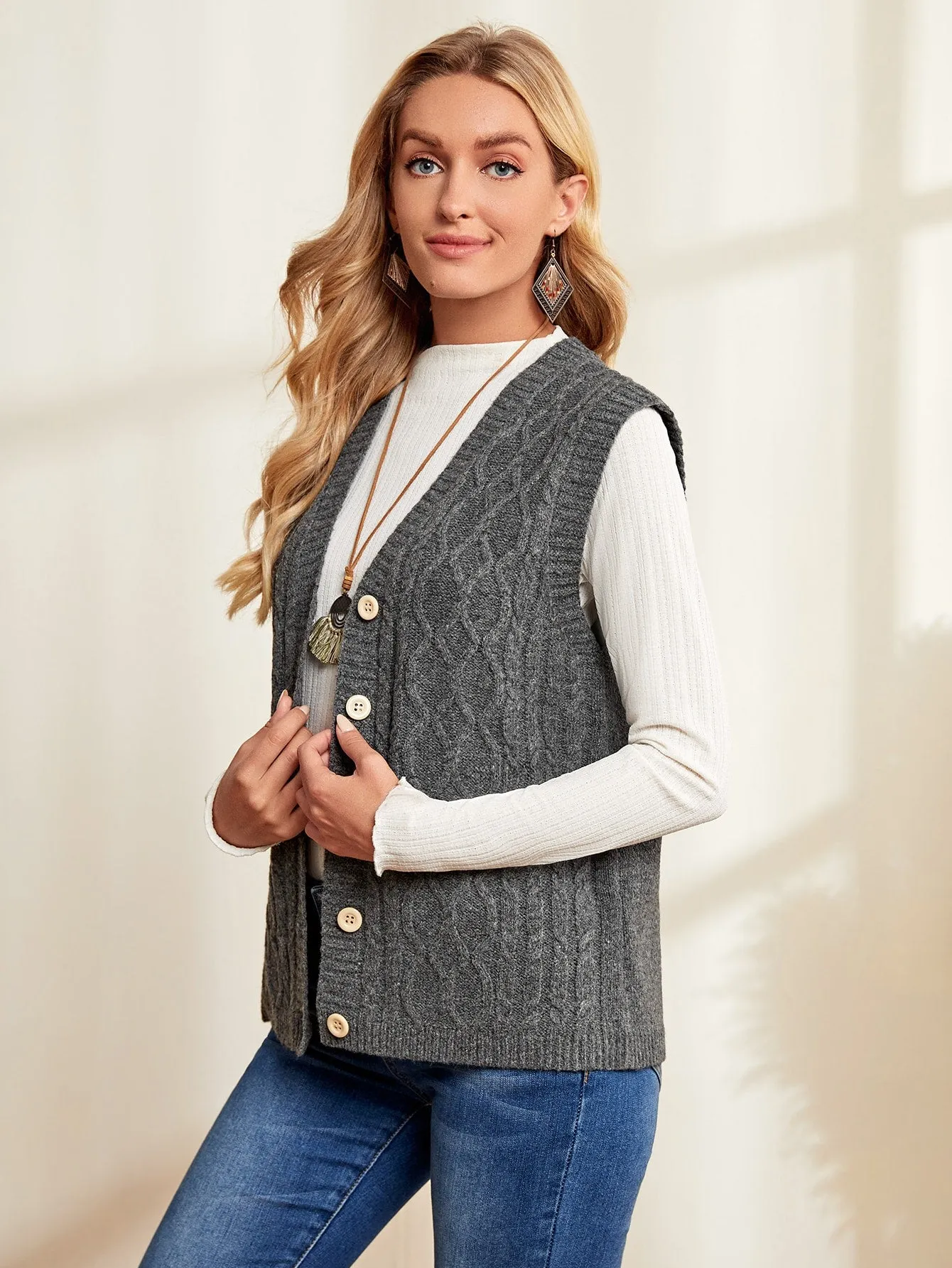 Casual Plain Button Front Sleeveless V Neck Regular Women Cardigan