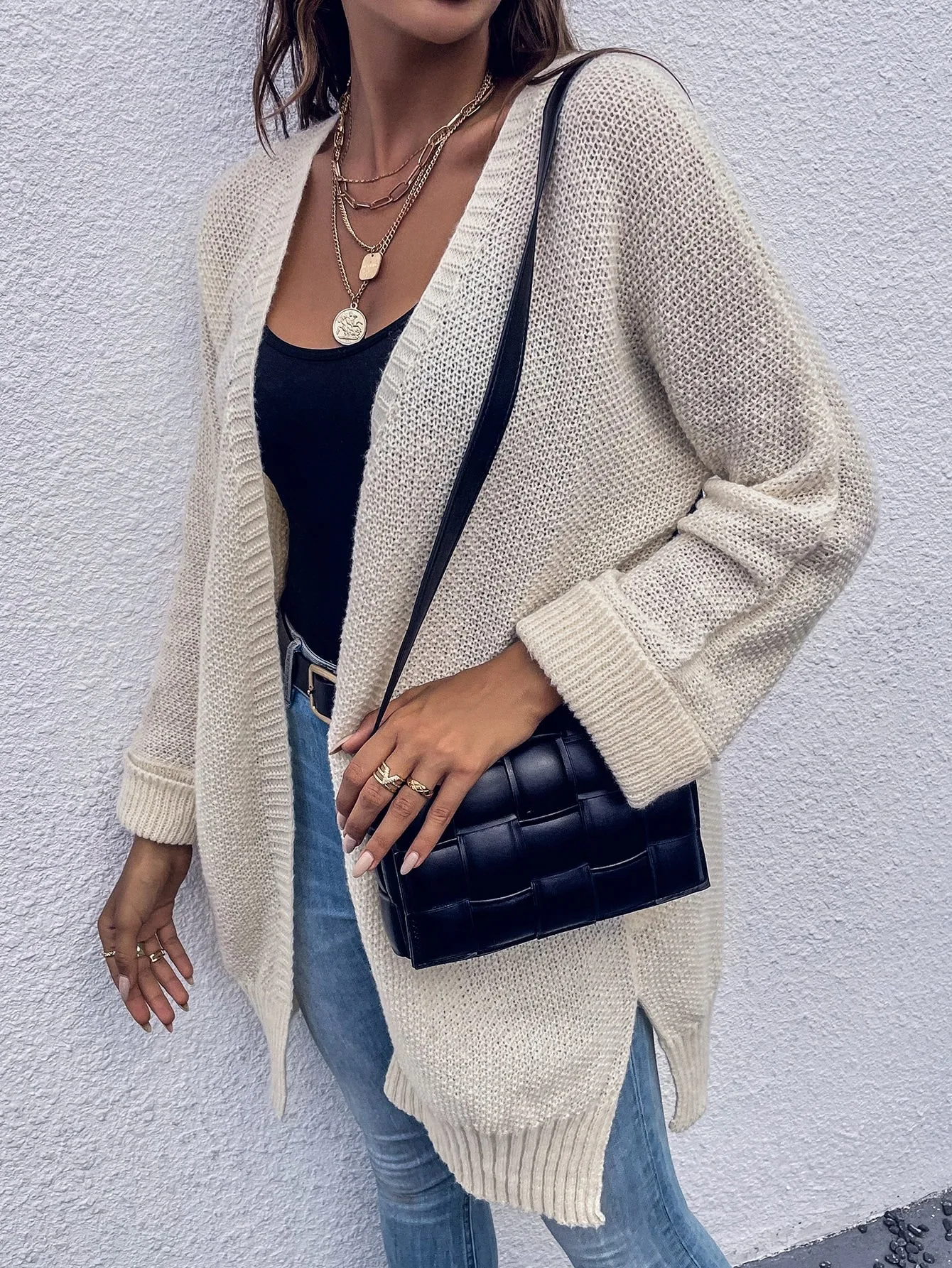 Casual Plain Split Long Sleeve Slit Long Women Cardigan