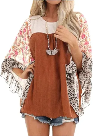 CASURESS Womens Floral Printed 3 4 Sleeve Shirt Batwing Loose Tops Blouses Pullover