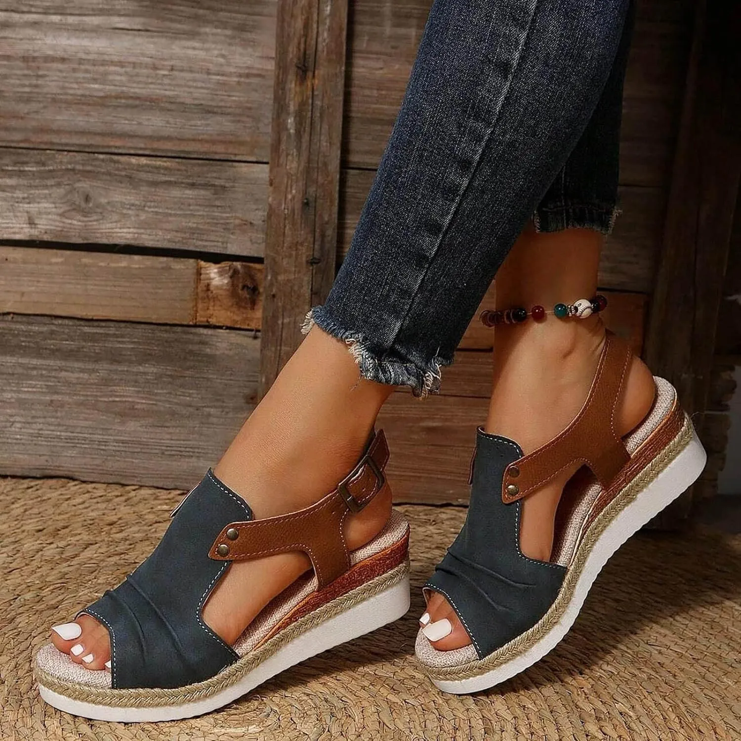 Cathalem Comfortable Sandals for Women Flat Open Toe Ankle Strap Espadrilles Sandals Casual Strappy Slip on Sandals