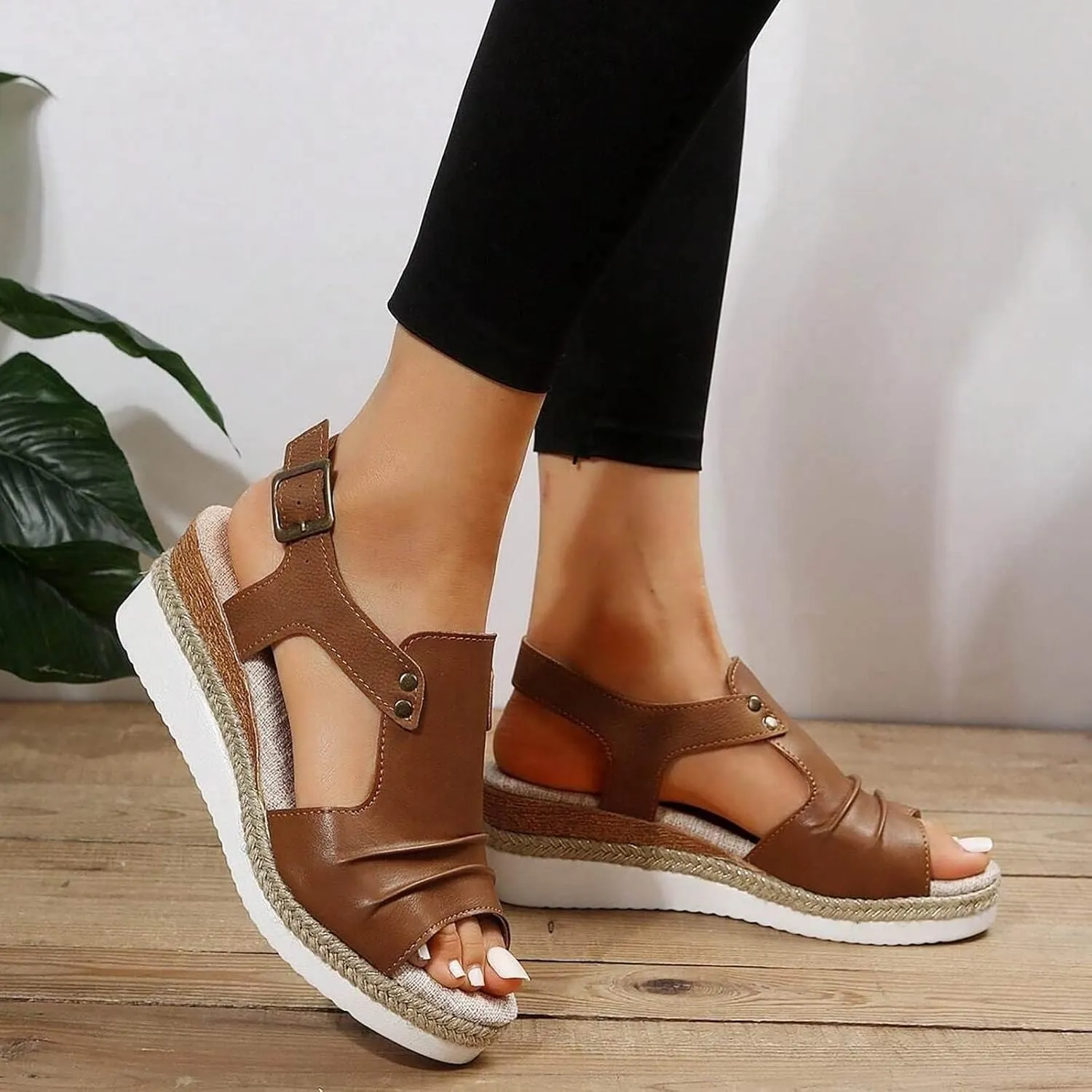 Cathalem Orthopedic Platform Wedge Sandals for Women Summer Dressy 2024 Flat Open Toe Ankle Strap Sandals Comfortable Slip on Beach Sandals