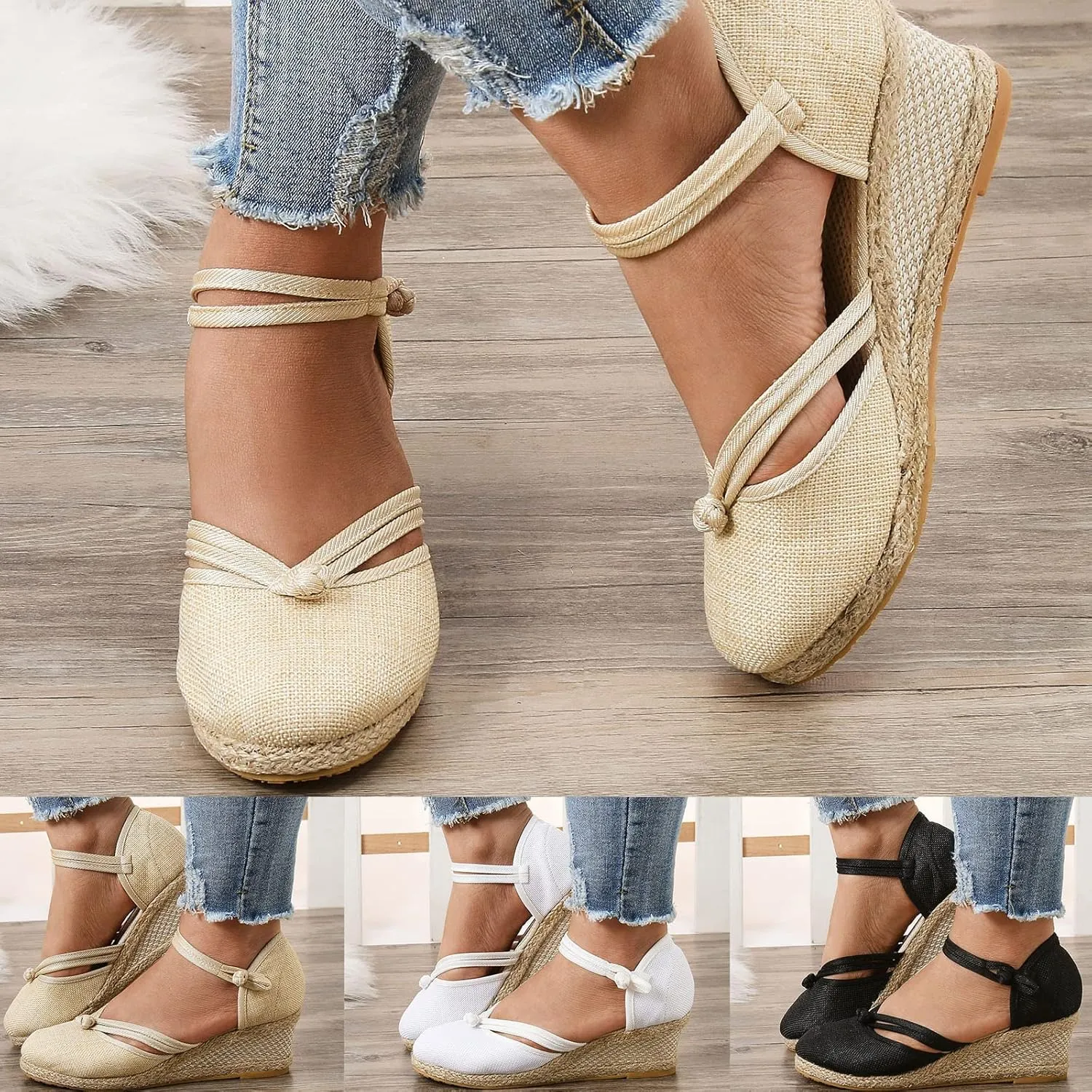 Cathalem Orthopedic Sandals for Women, Women's Ankle Strap Closed Toe Espadrille Wedge Sandals Platform Wedge Sandals