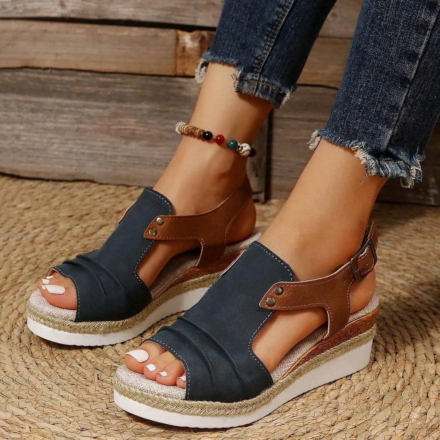 Cathalem Orthopedic Wedge Sandals for Women Summer Dressy Flat Open Toe Ankle Strap Platform Sandals Slip on Sandals Beach Comfortable Shoes