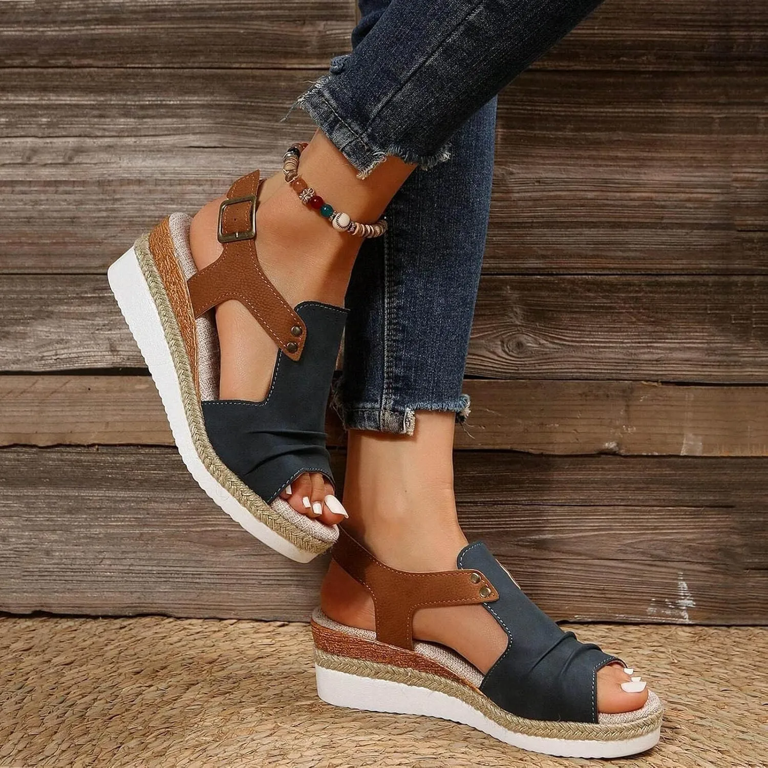 Cathalem Orthopedic Wedge Sandals for Women Summer Dressy Flat Open Toe Ankle Strap Platform Sandals Slip on Sandals Beach Comfortable Shoes