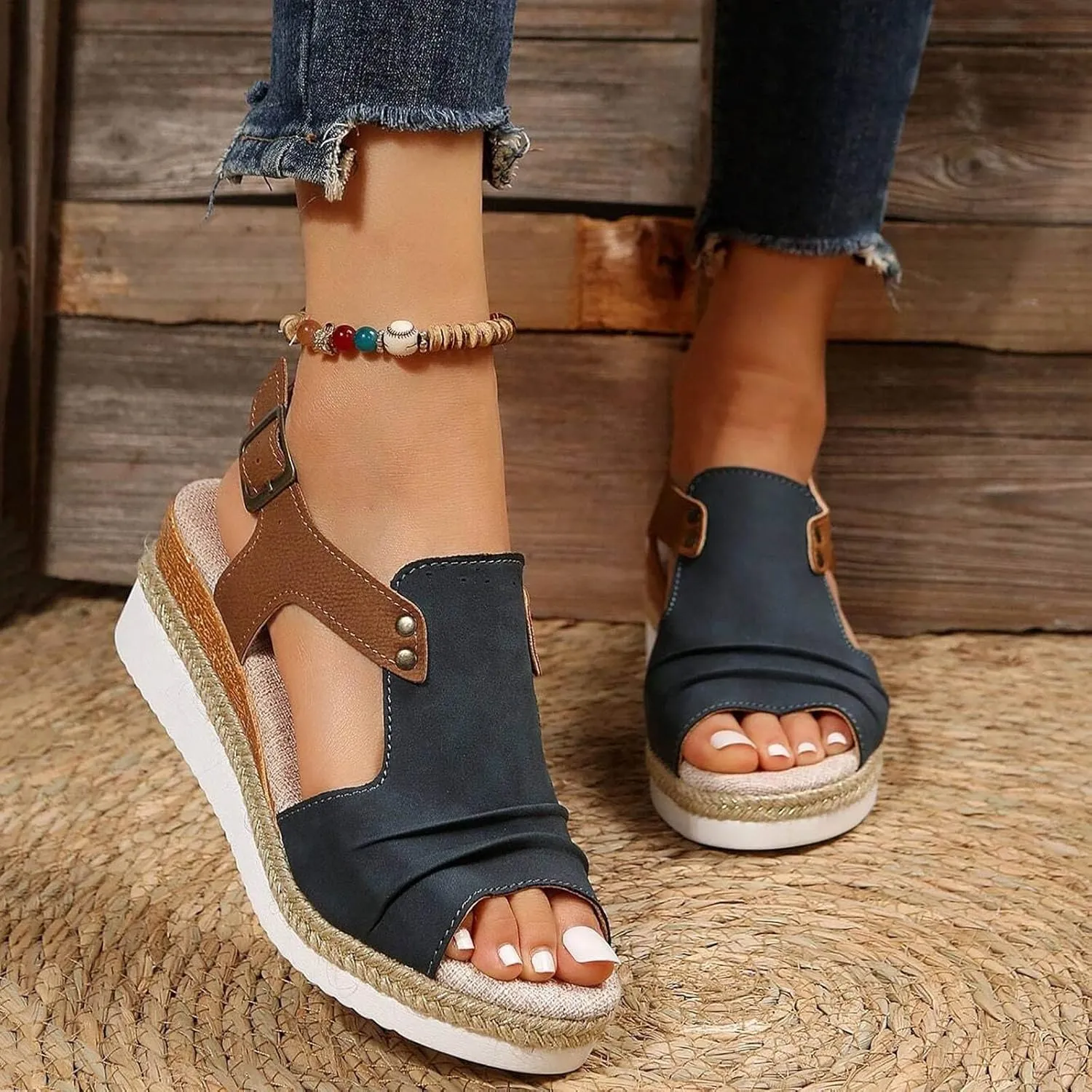 Cathalem Orthopedic Wedge Sandals for Women Summer Dressy Flat Open Toe Ankle Strap Platform Sandals Slip on Sandals Beach Comfortable Shoes