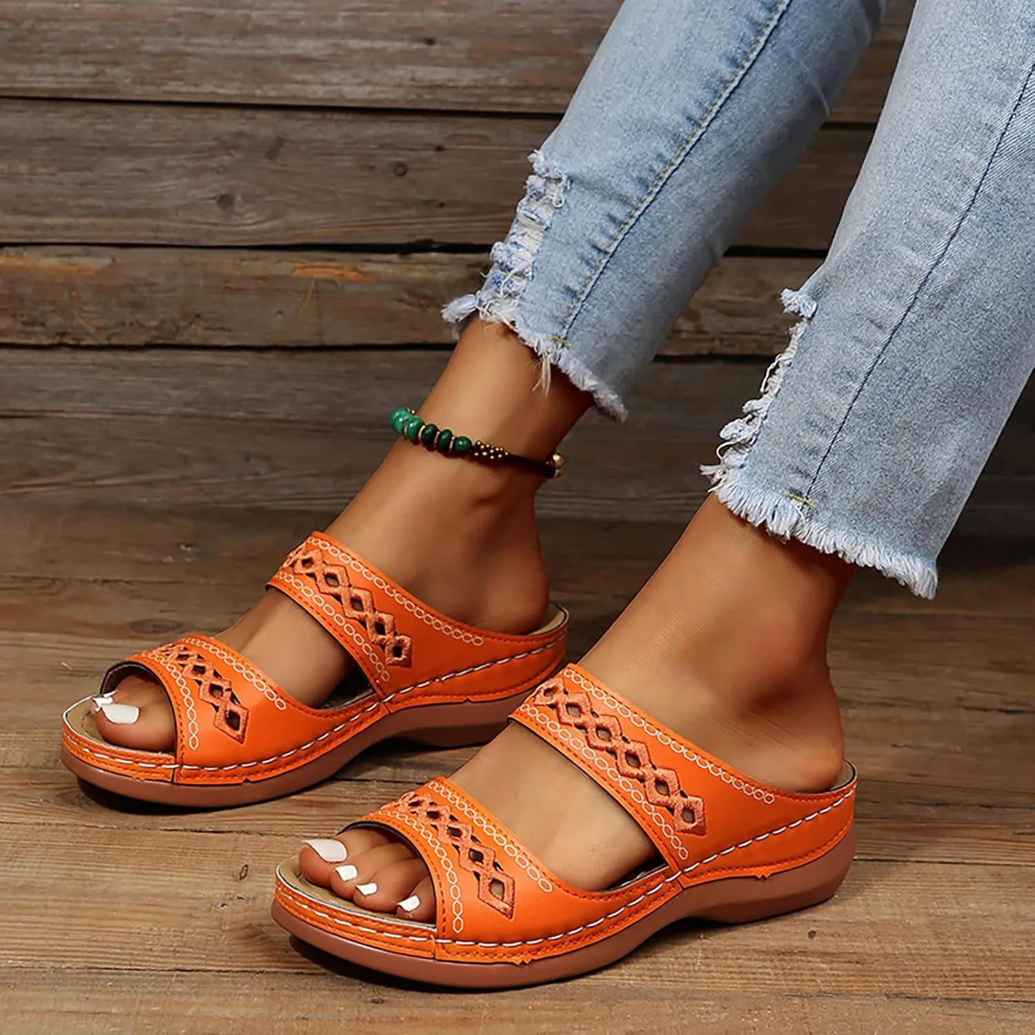 Cathalem Sandals for Women Orthopedic Walking Shoes Black Flat Sandals for Women Arch Support Slides for Women