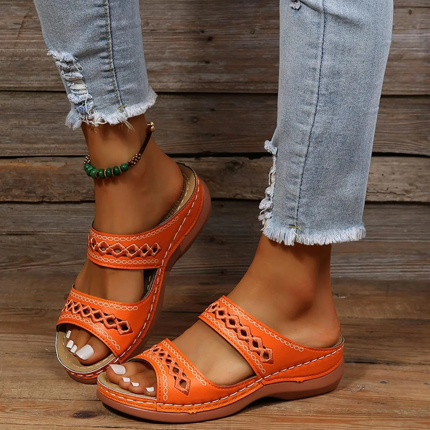 Cathalem Sandals for Women Orthopedic Walking Shoes Black Flat Sandals for Women Arch Support Slides for Women