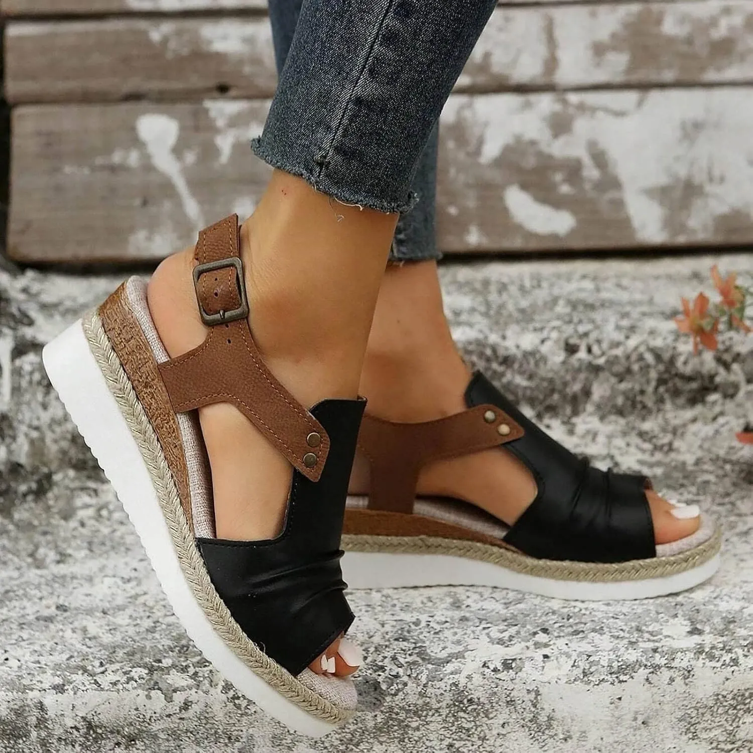 Cathalem Sandals Women Orthopedic Platform Wedge Sandals Flat Open Toe Ankle Strap Espadrilles Sandals Beach Boho Sandals