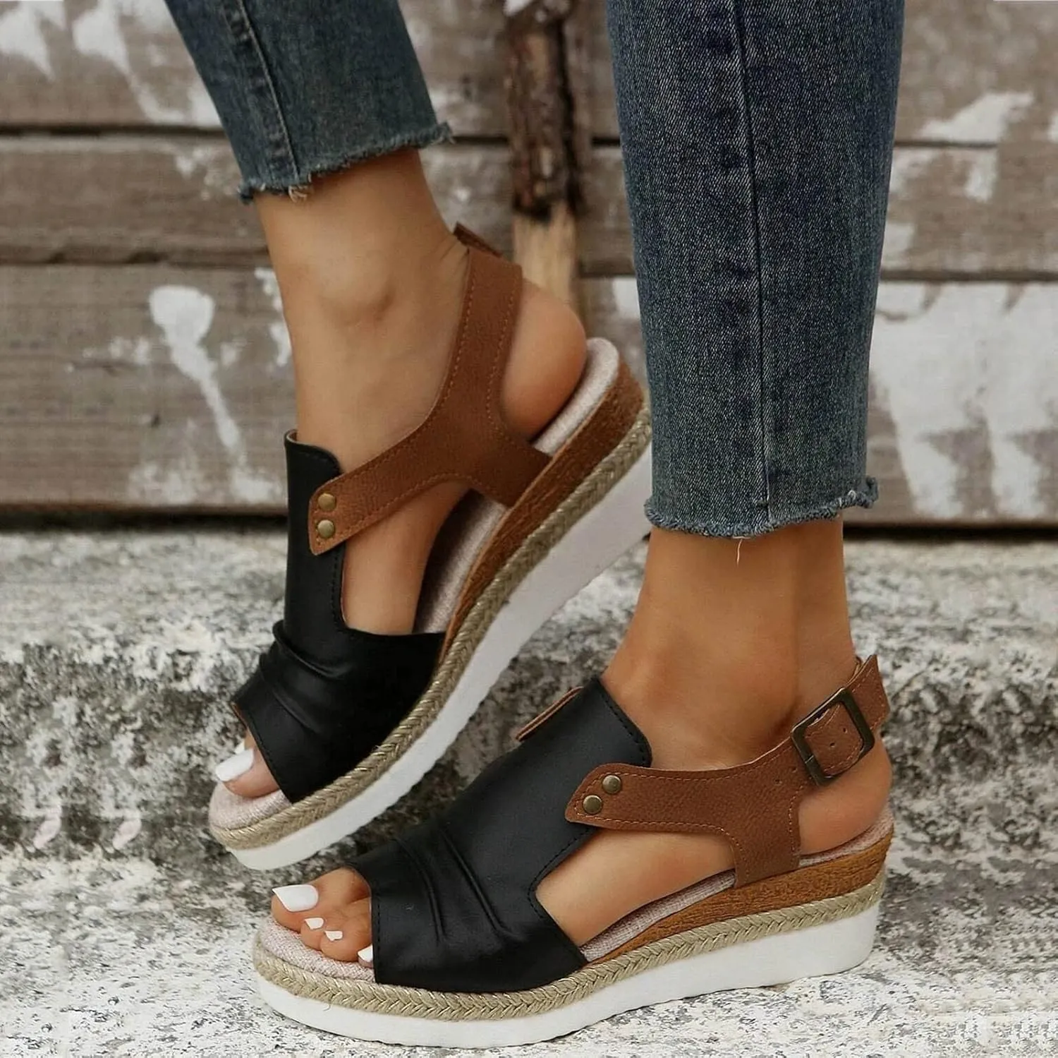 Cathalem Sandals Women Orthopedic Platform Wedge Sandals Flat Open Toe Ankle Strap Espadrilles Sandals Beach Boho Sandals