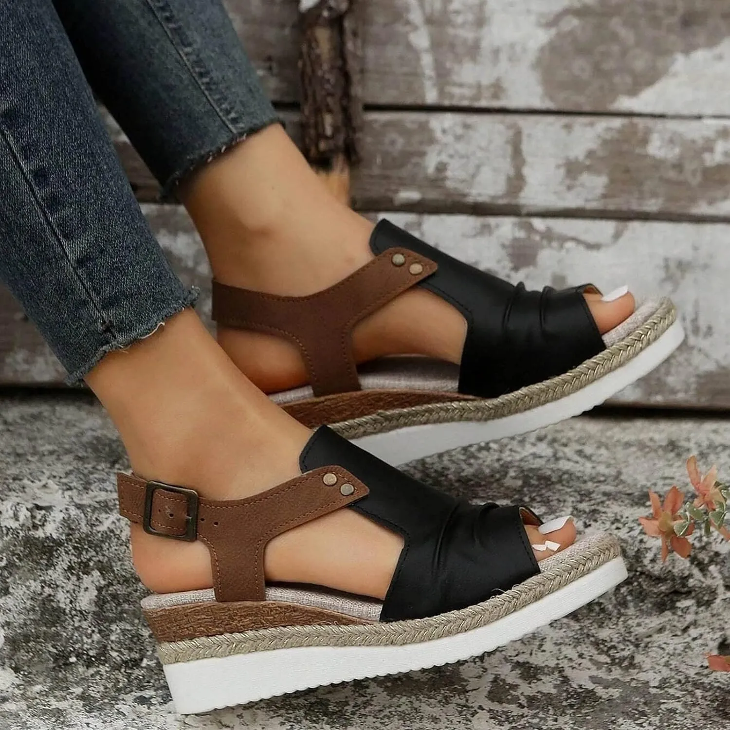 Cathalem Sandals Women Orthopedic Platform Wedge Sandals Flat Open Toe Ankle Strap Espadrilles Sandals Beach Boho Sandals