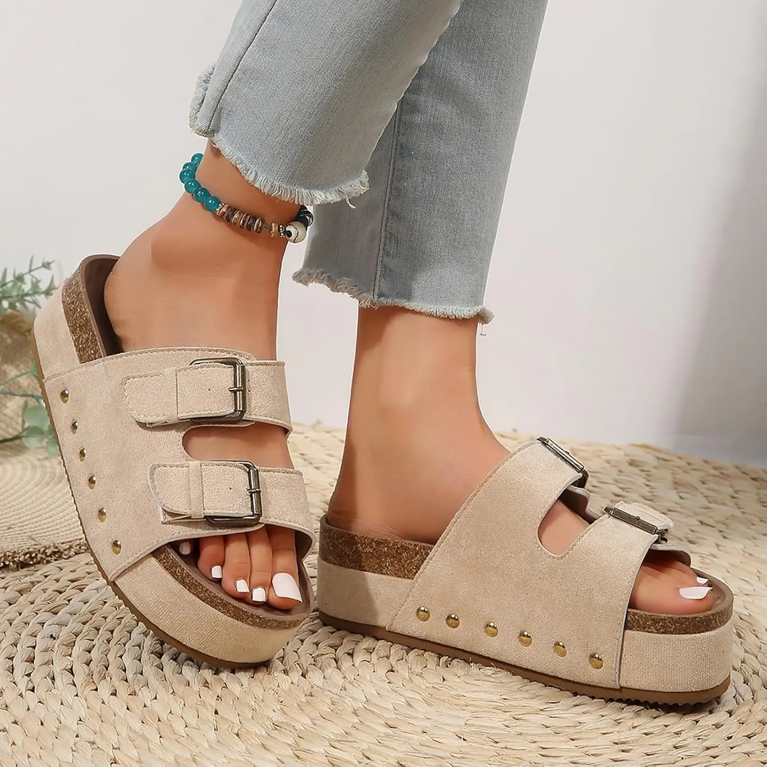 Cathalem Summer Sandals for Women 2024 Comfortable Leather Memory Foam Beach Vacation Essentials Slides for Women