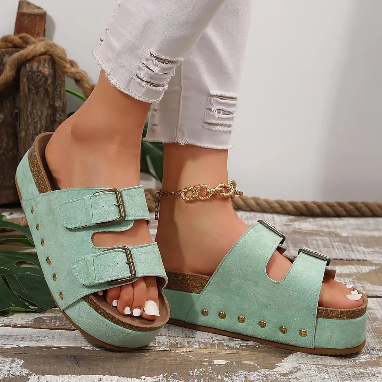 Cathalem Summer Sandals for Women 2024 Comfortable Leather Memory Foam Beach Vacation Essentials Slides for Women