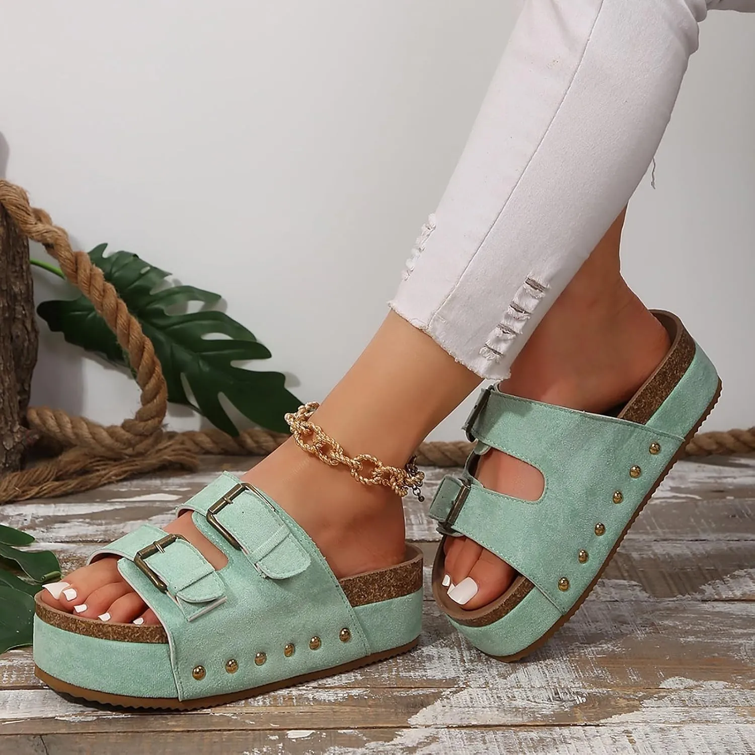 Cathalem Summer Sandals for Women 2024 Comfortable Leather Memory Foam Beach Vacation Essentials Slides for Women