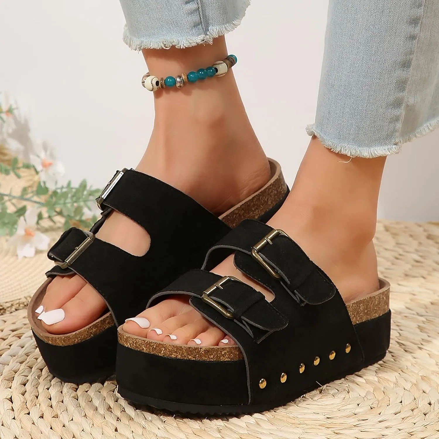 Cathalem Summer Sandals for Women 2024 Comfortable Leather Memory Foam Beach Vacation Essentials Slides for Women